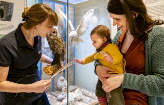 Mutter und Kind betrachten Feder und Kauz, Foto: David Marschalsky, Lizenz: Naturkundemuseum Potsdam